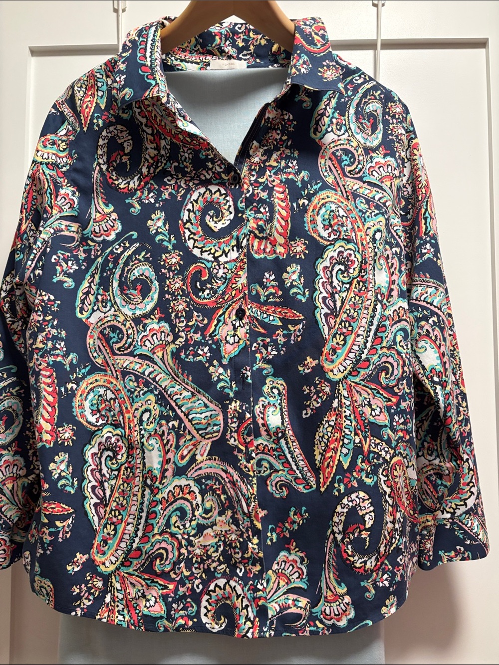 Chico's Navy Paisley Button-Up Blouse with Coral & Teal Accents